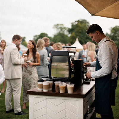 Guests enjoying specialty coffee at a Ballston Brothers catering setup in the Capital Region
