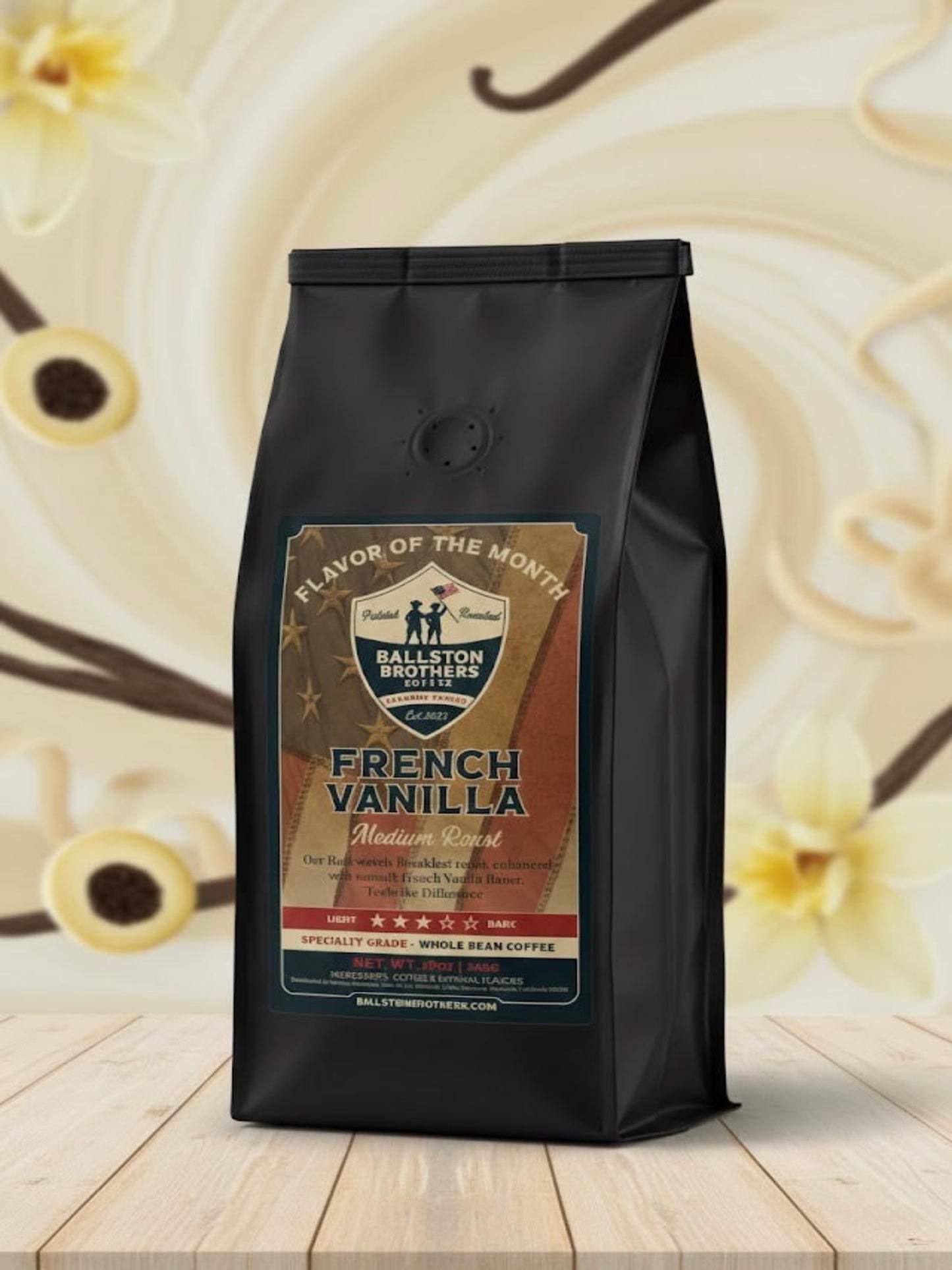 Black coffee bag with 'French Vanilla' flavor on a wooden surface and vanilla background
