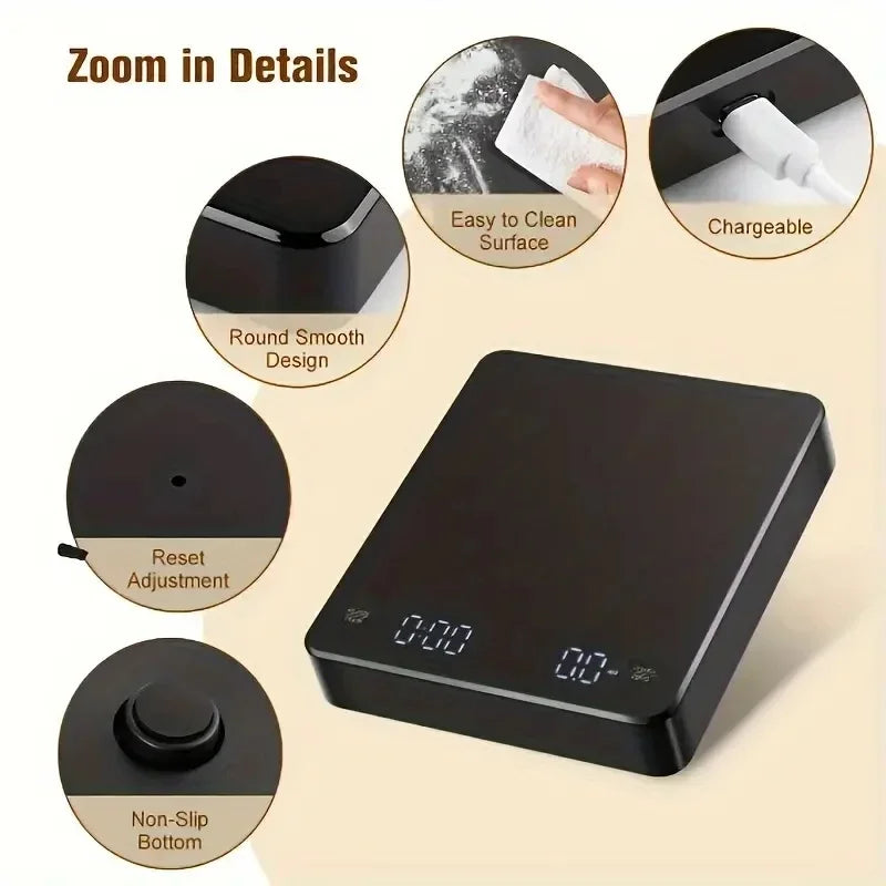 Digital Rechargeable Coffee Scale with Timer & LED Displayy