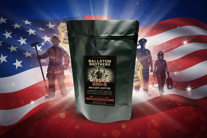Ballston Brothers Coffee Mission Red - E instant coffee package on a gray background