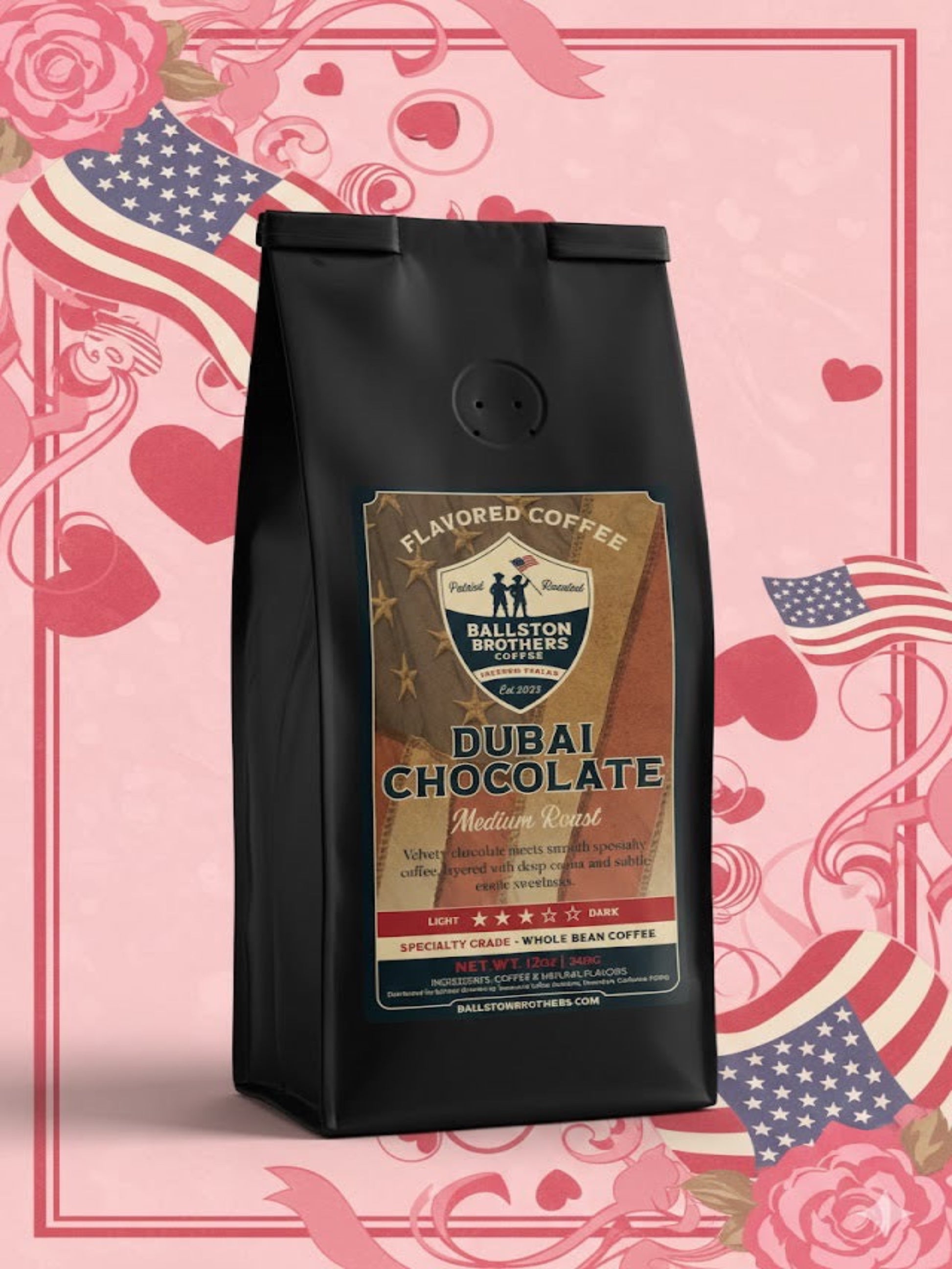 Coffee bag labeled 'Dubai Chocolate' by Ballston Brothers on a decorative pink background with hearts and roses.
