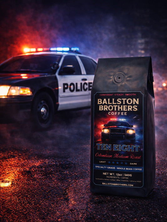 Bag of Ballston Brothers Coffee with a police car in the background