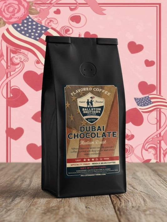 Black coffee bag labeled 'Dubai Chocolate' on a wooden surface with a decorative background.