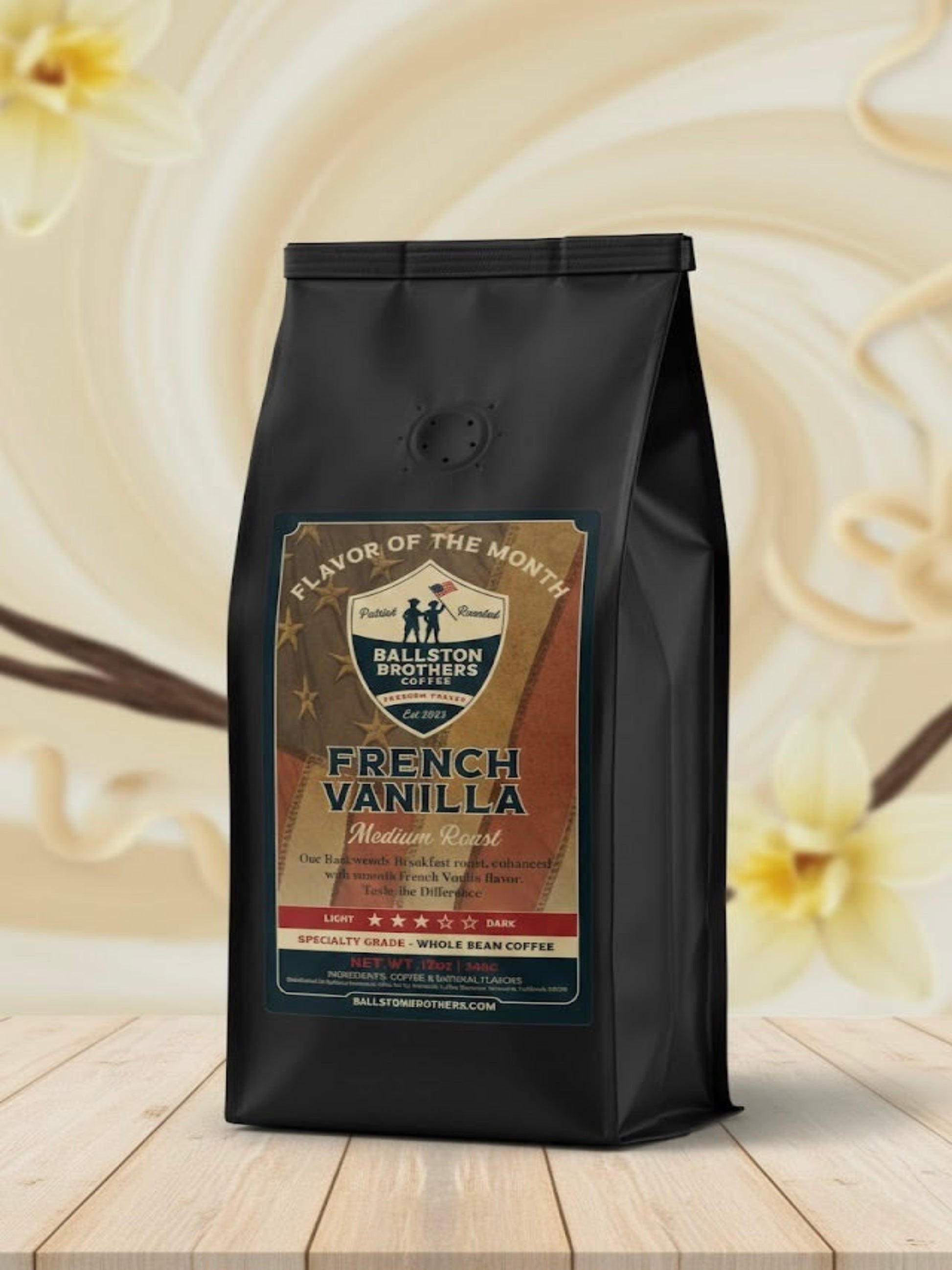 Black coffee bag labeled 'French Vanilla' on a wooden surface with a cream background
