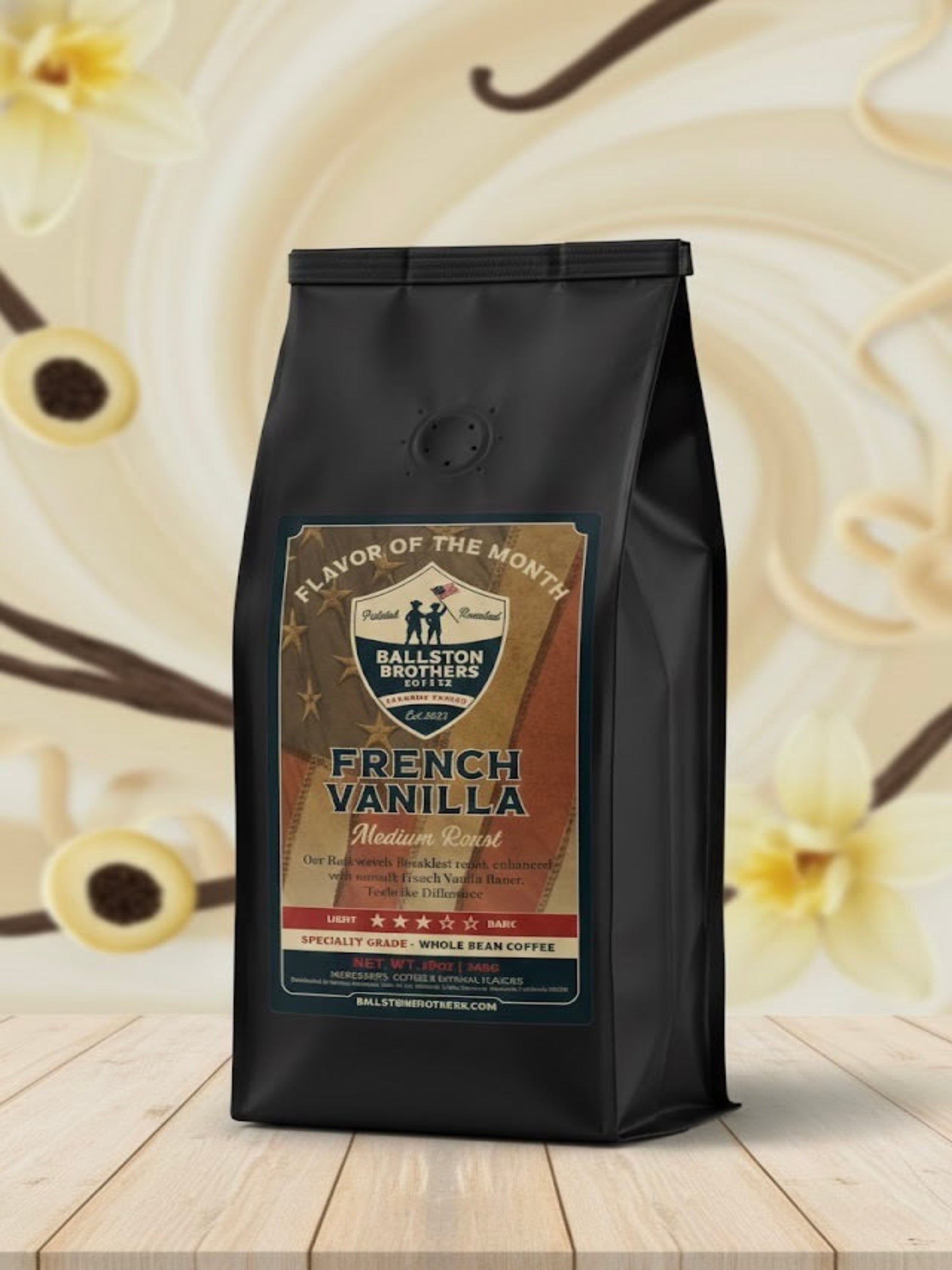 Black coffee bag with 'French Vanilla' flavor on a wooden surface and vanilla background